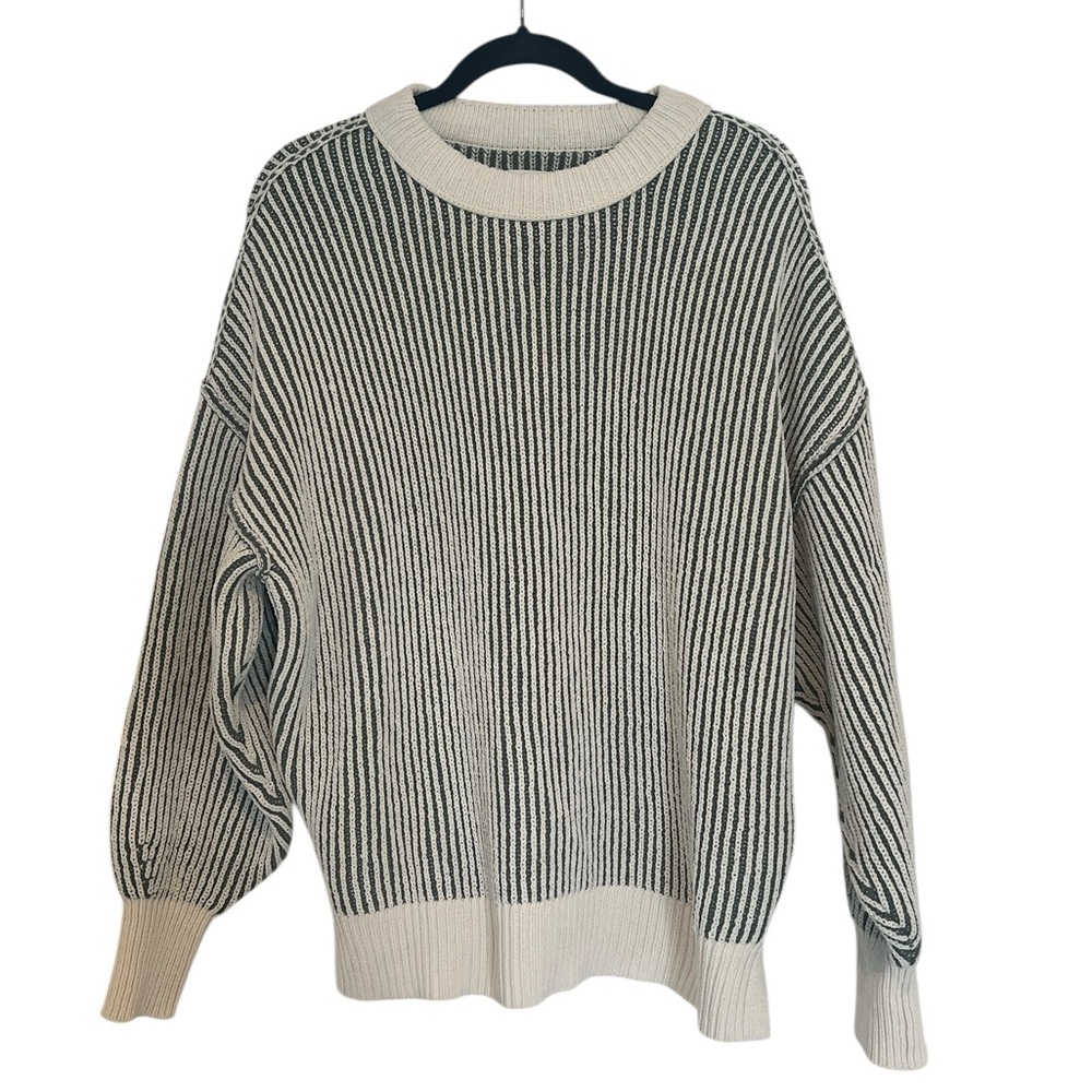Aerie Beyond Chenille Oversized Sweater Green and Cream Striped Pattern- Size S - Picture 2 of 6